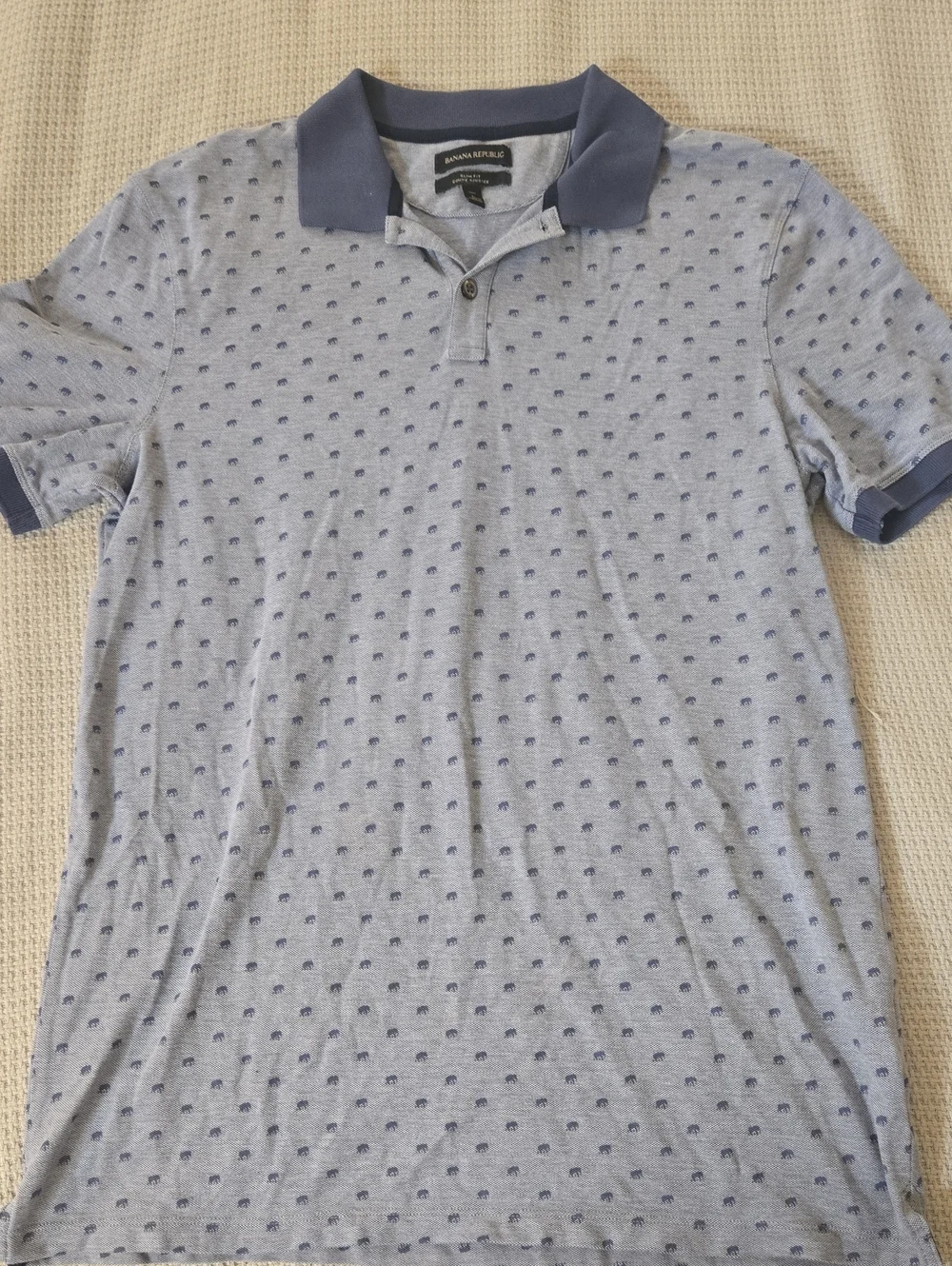 Mens Large Banana Republic Gray Polo with Navy Collar and Elephante Design